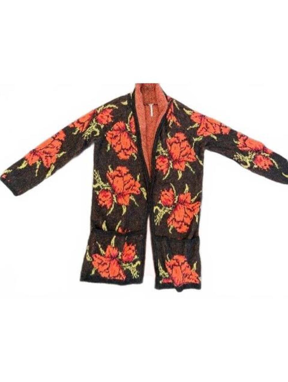 New Free People Women's Black Flower Power Cardigan in Intarsia Knit Large - Picture 2 of 7